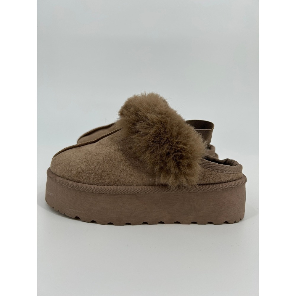 Brown Faux Suede Platform Slippers Faux Fur Trim Mules EU 37 Womens 6.5-7